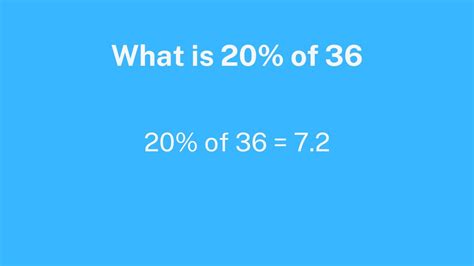 You can easily find 20 is out of 36, in one step, by simply dividing 20 by 36, then multiplying the result by 100. So, 20 is out of 36 = 20 / 36 x 100 = 55.555555555556%. To find more examples, just choose one at the bottom of this page. Please link to this page!. 