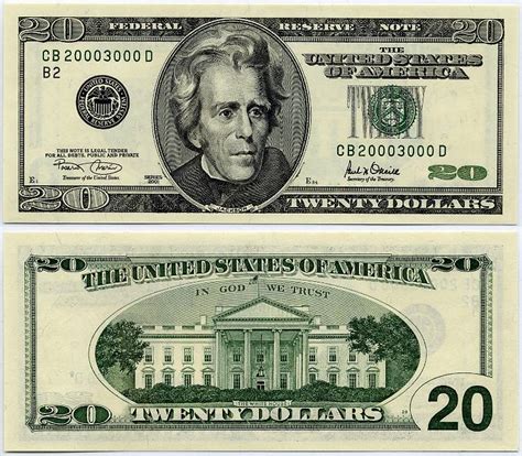 2001 series 20 dollar bill. Federal Reserve Note Bank of New York. Serial number is B41190608 D. The back is a very rich, deep color green. It is in excellent condition. The next is The same year, series and Bank info. 20 dollar bill, serial number B64904752 A. It is also in great condition with rich, dark green color on the back. The final bill is a miscut 1995 20 dollar ... 
