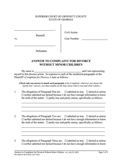 2005 Form GA Answer to Complaint for Divorce Without Minor Children