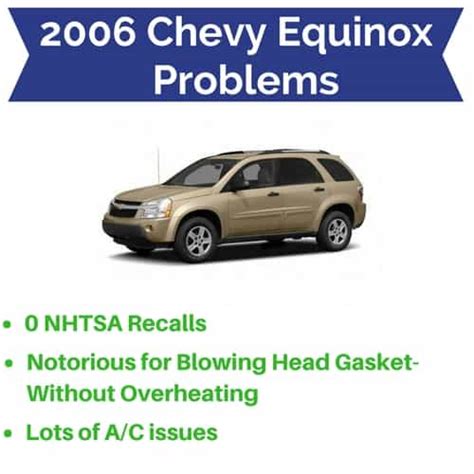 The head gasket problems on the 2006 engines are the same Chevy Equinox problems found with the 2005 model. The gasket fails without overheating and results in loss of coolant. The air conditioning blend door is a problem for the 2006 Equinox because of the air conditioning blend door actuator motor powering the air …. 