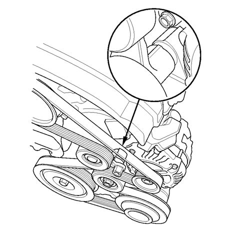 2) Insert a belt-tension release tool, or similar tool, into the auto-tensioner arm. 3)Rotate the auto-tensioner arm counterclockwise and slip the belt off the tensioner pulley. 4) Release the auto-tensioner but do not let it snap back in place. 5) Remove the drive belt from the engine compartment.. 
