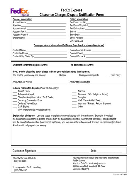 2008 FedEx Express Clearance Charges Dispute Notification Form Fill