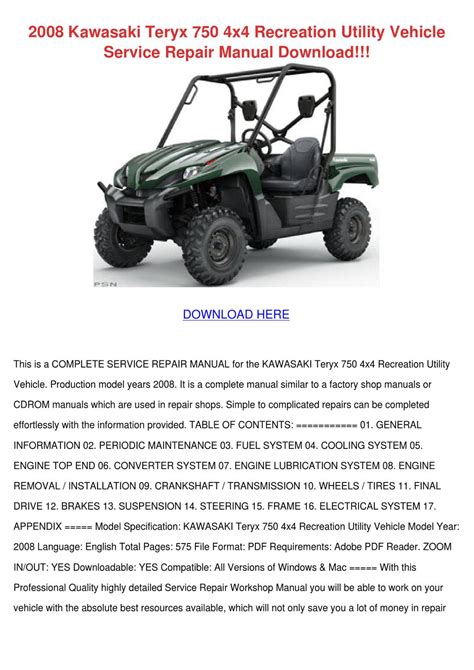 2008 kawasaki teryx 750 4x4 recreation utility vehicle service repair manual download. - Suzuki lt4wd quad runner ltf250 service manual.