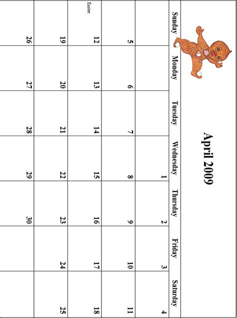 2009 April Calendar Grid