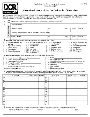 2009 Form SD Streamlined Sales and Use Tax Certificate of Exemption