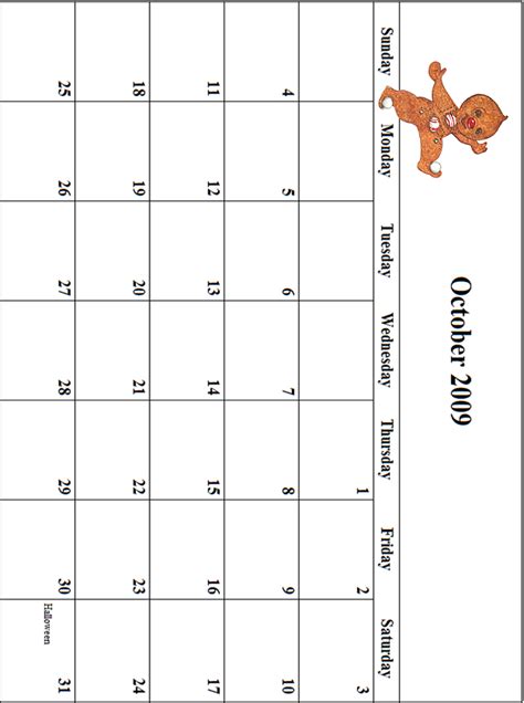 2009 October Calendar Grid