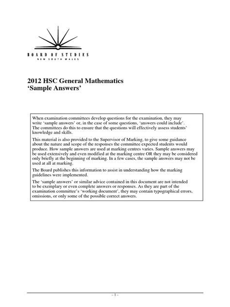 2012 hsc general maths.  It includes various questions and their corresponding sample answe...