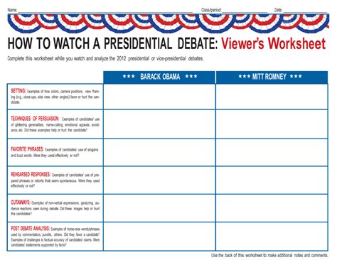 2012 Presidential Debates Presidential Debate Worksheet - Presidential Debate Worksheet