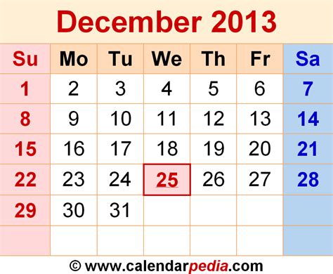 2013 Calendar December Mon