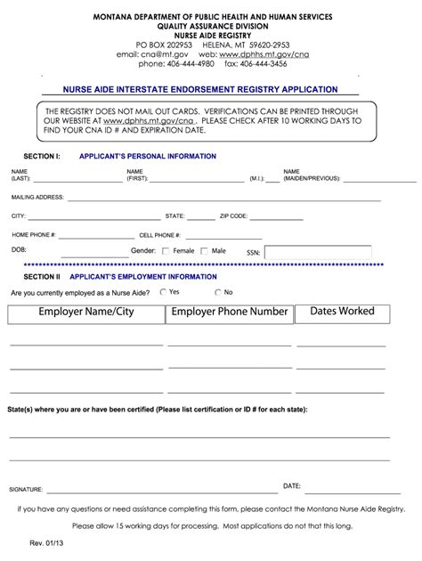 2013 Form MT Nurse Aide Interstate Endorsement Registry Application