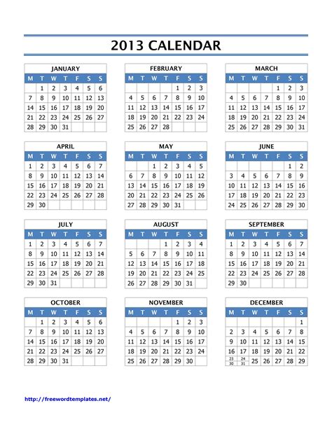 2013 Year Calendar