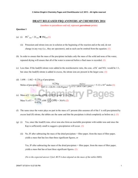 Part (f)(ii) required students to calculate the standard cell potential (E°cell) for the overall reaction occurring in the battery (ENE-6.A, 5.F). Question 1 (continued) Part (f)(iii) required students to calculate the change in Gibbs free energy part (f)(i), in units of kJ/molrxn, utilizing the mathematical relationship between.. 