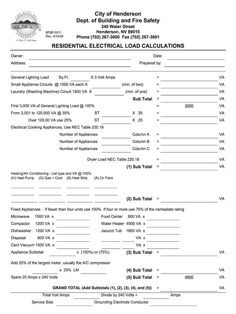 2015 Form CA NEC Standard Electrical Load Calculation for Single Family