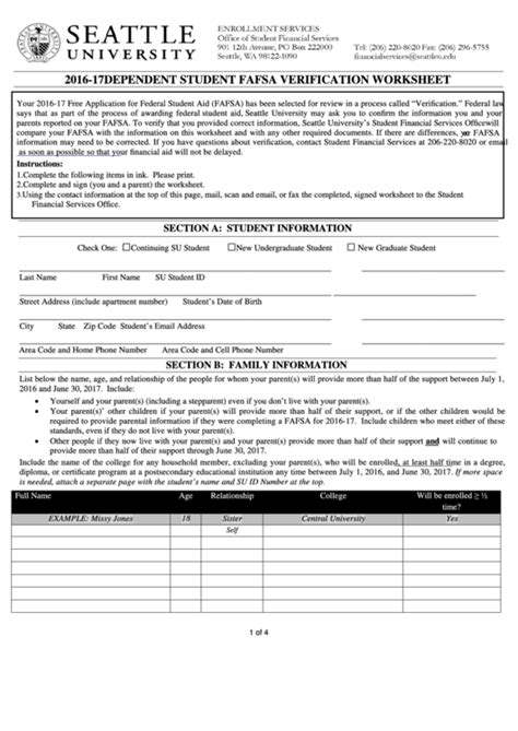 20152022 Form FAFSA Verification Worksheet Dependent Student Fill
