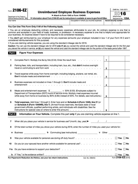2016 Form IRS 2106EZ Fill Online, Printable, Fillable, Blank pdfFiller