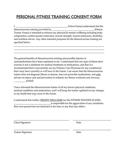 2016 MO Trinity Wellness Personal Fitness Training Consent Form Fill