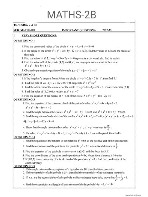 2016 Maths 2b Important Questions Chapterwise