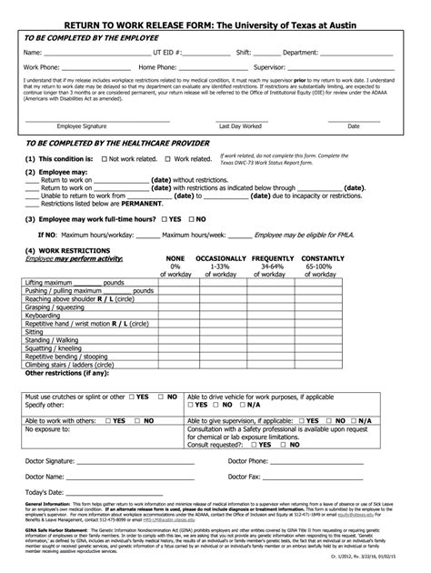 20162021 UT Return to Work Release Form Fill Online, Printable
