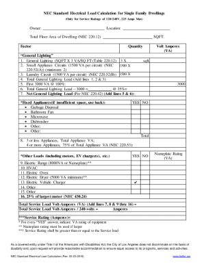 20162024 Form CA NEC Standard Electrical Load Calculation for Single