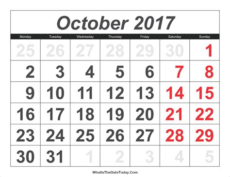 2017 Calendar October with Large Numbers