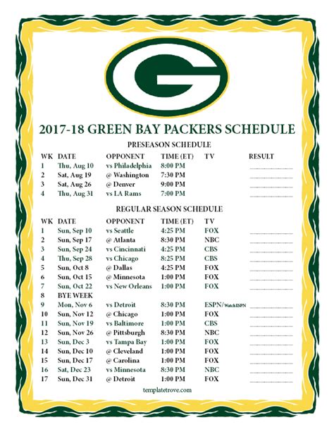 Read Online 2017 18 Green Bay Packers Schedule Template Trove 