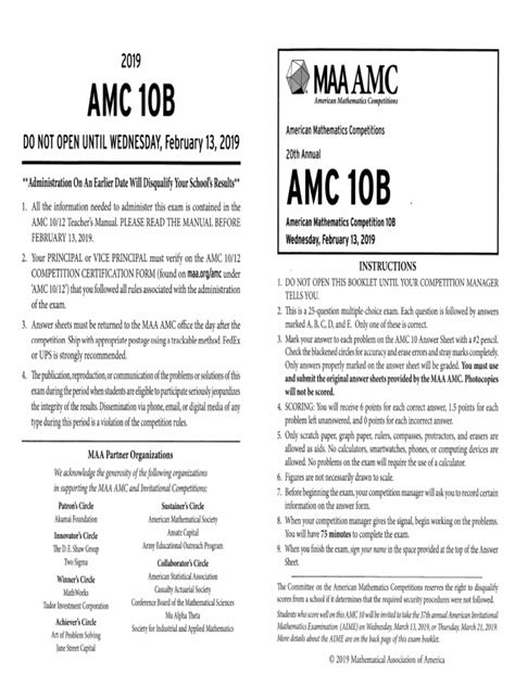 2019 amc 10 b. AMC 10 B Competition Date: February 13, 2019; What is the difference in the A and B versions of the exams? Both the A and the B versions of the AMC 10 and the AMC 12 have the same number of questions, the same scoring and the same rules for administration. The only differences are the competition dates and that each version has a distinct set ... 