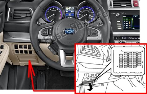Subaru Outback 2021 Fuse Box Info. Passenger compartment fuse box location: The fuse box is located at the left side of the steering column at the bottom of the instrument panel. Engine compartment fuse box location: Fuse Box Diagram | Layout. Passenger compartment fuse box: Fuse/Relay N°.. 