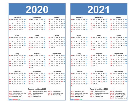2020 2021 Printable Calendar