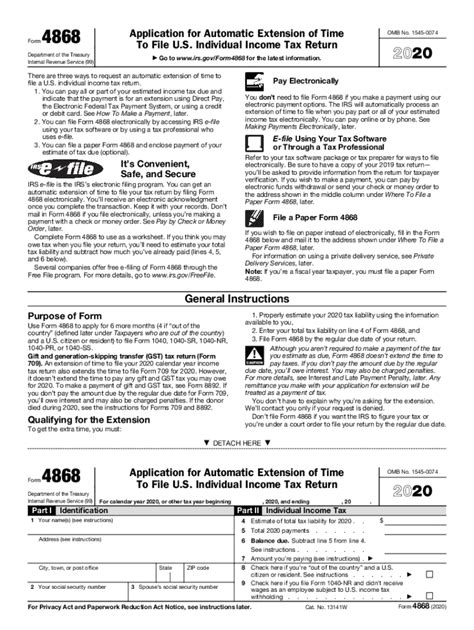 2020 Form 4868 Extension Of Time To File Form 1040