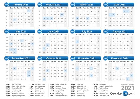 2021 Calendar &ndash; United States