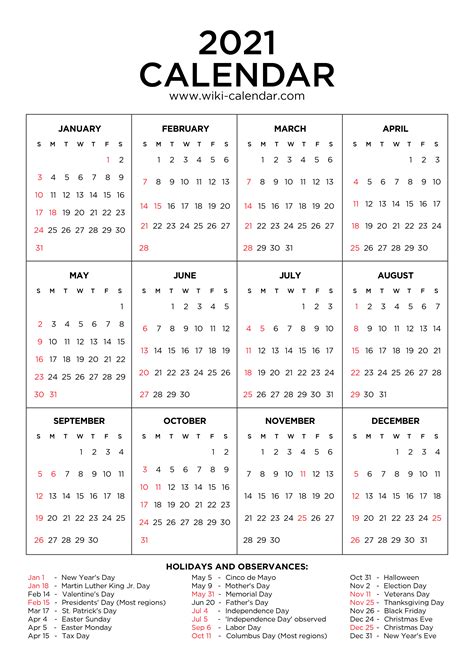 2021 Calendar With Holidays Printable