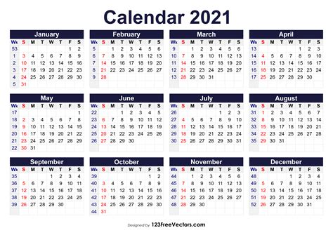2021 Calendar With Week Numbers Customize and Print