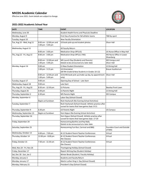 202122 and 202223 MICDS Academic Calendars DRAFT DocsLib