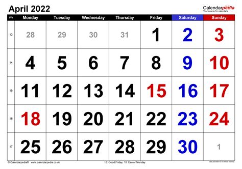 2022 Calendar April with Large Numbers