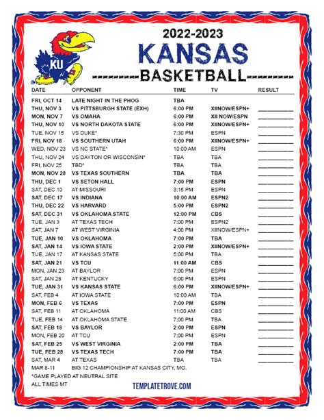 2022 ku basketball schedule. They will now be available exclusively on Big 12 Now, not on over-the-air, local or cable television. One thing that will not change: KU will have as many football and men’s basketball games on ESPN and other major TV networks as in the past. Each participating Big 12 institution will provide television production for a minimum of 50 events ... 