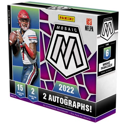 2022 Panini Mosaic Football mixes color and shine in the latest installment of the Optichrome NFL brand. Hobby boxes should contain two autographs. ... 2022 Panini Select Football Cards Checklist and XRC Rookie Redemption Details. By Trey Treutel Jun 18, 2023. Chase top NFL veterans and rookies in 2022 Panini Select Football. The …. 