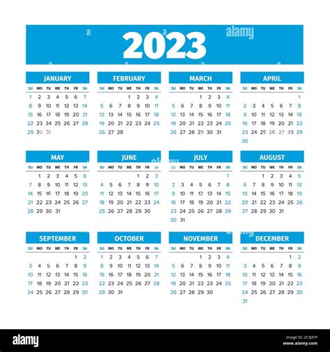 2023 Calendar with the Weeks Start on Sunday Stock Vector
