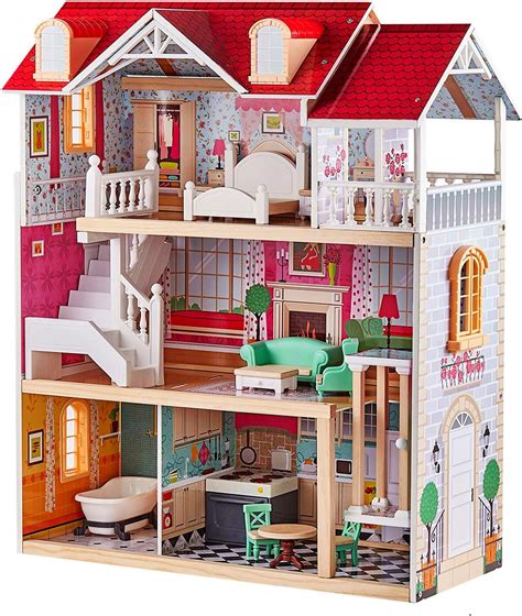 ROBOTIME 3 Level Girl Wooden Dollhouse Kids Pretend Play Doll House W/  Furniture