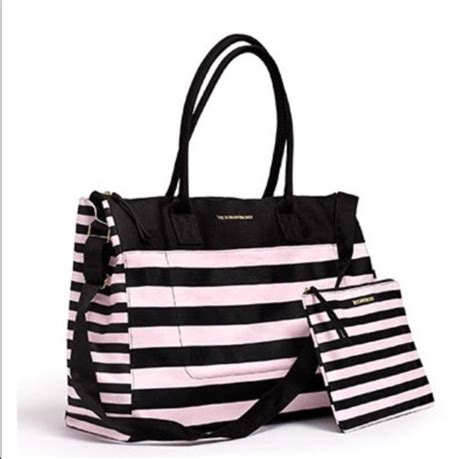 Victoria Secret Weekender Large Tote Bag Black Pink Shiny Stripes Logo On  Front
