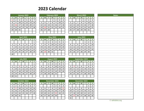 2023 Yearly Calendar with Notes