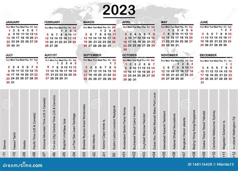 2023 calendar with world map and time zones Vector Image