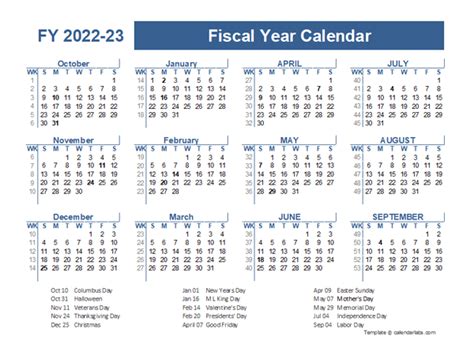 Oct 1, 2021 · calendar starts October 1, 2021 and ends September 30, 2022. months horizontally (along the top), days vertically. US edition with federal holidays and observances. Download template 1. View large image. Template 2: Fiscal year calendar 2022. in PDF format, landscape, 2 pages, half a year per page. . 