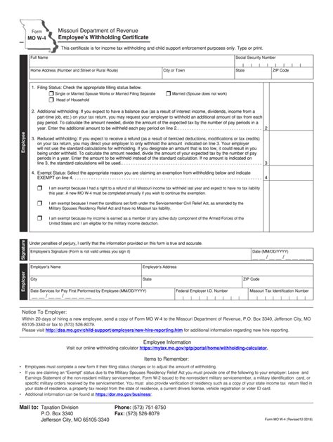We last updated the Employee’s Withholding Certificate in January 2023, so this is the latest version of Form MO W-4, fully updated for tax year 2022. You can download or print current or past-year PDFs of Form MO W-4 directly from TaxFormFinder. You can print other Missouri tax forms here. . 