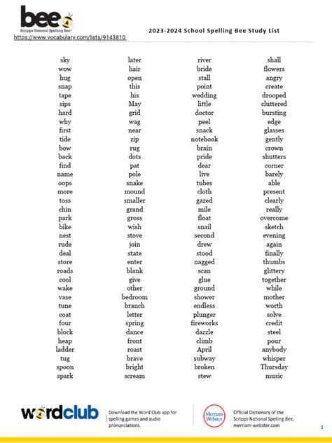 2023 School Spelling Bee Study List