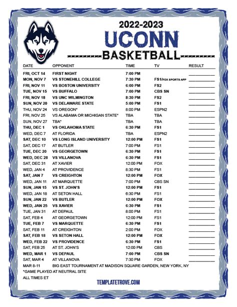 The official 2023-24 Men's Basketball schedule for the University of Connecticut Huskies . 