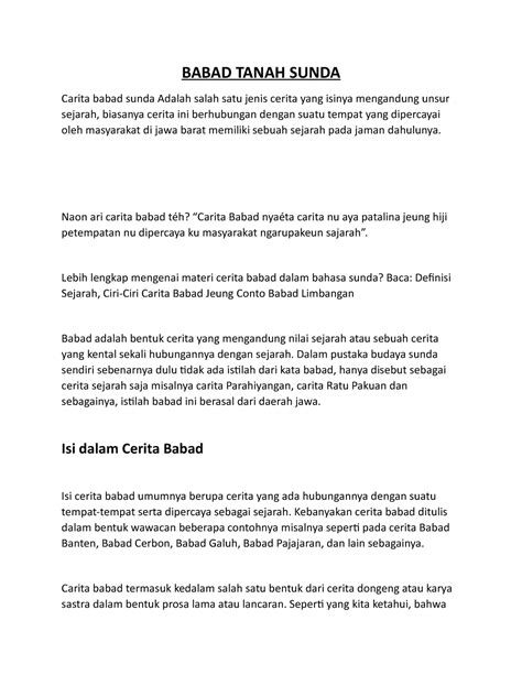 10 contoh judul carita babad sunda  Selain itu, ada pula disinggung tentang Nabi Adam dan nabi-nabi lainnya