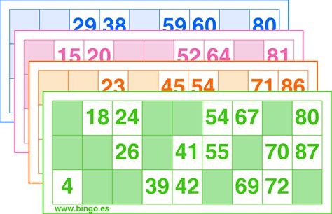 100 cartones de bingo para imprimir de 90 bolas  Los cartones de bingo tienen 27 campos en tres filas de nueve columnas; cada fila tiene cuatro espacios en blanco y cinco números para un total de 15 números por cartón de bingo