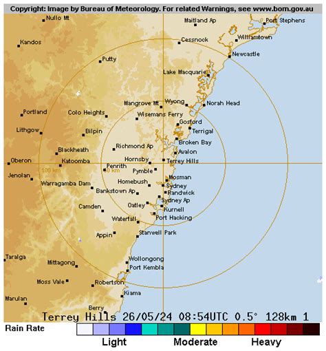 128 km sydney radar loop  Provides access to meteorological images of the 256 km Sydney (Terrey Hills) Radar Loop radar of rainfall and wind