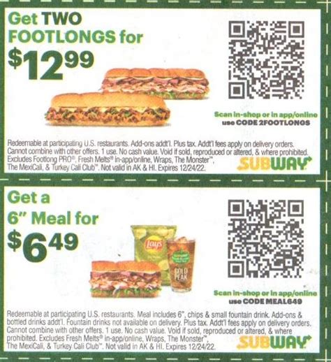 2 for 1299 subway  Menu Order Online Coupons