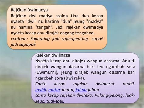 5 conto kecap rajekan dwimadya WebKecap rajékan nyaéta kecap anu wangunna disebut dua kali atawa leuwih, boh sabagian atawa sagemblengna